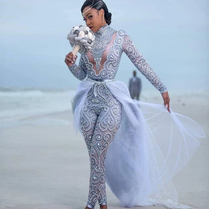 Elegant A-Line High-Neck Lace & Sequined Wedding Outfit with Detachable Train