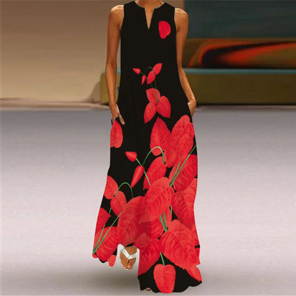 Sleeveless Retro Print Long Dress With Pockets