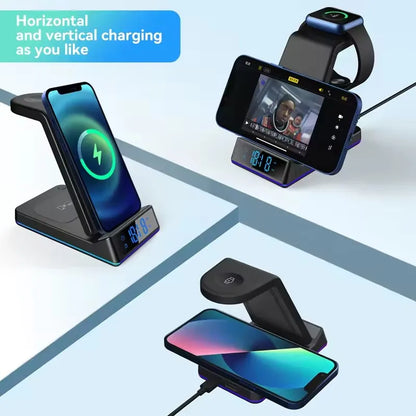 Portable 4 in 1 Wireless Fast Charger Phone Charger Stand With Alarm Clock Lamp