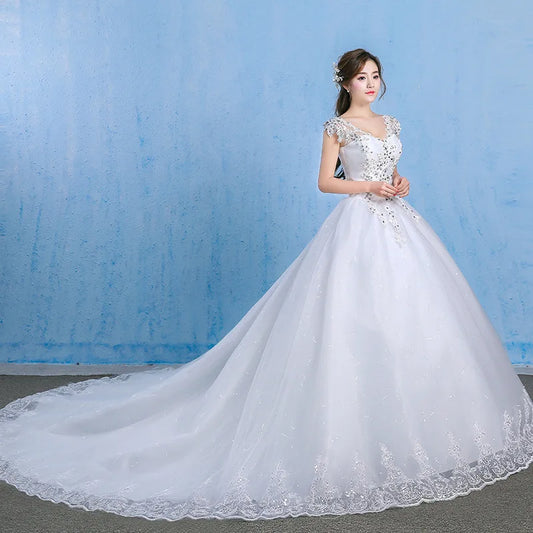 Elegant V-Neck Lace & Crystal Embroidered Ball Gown Wedding Dress