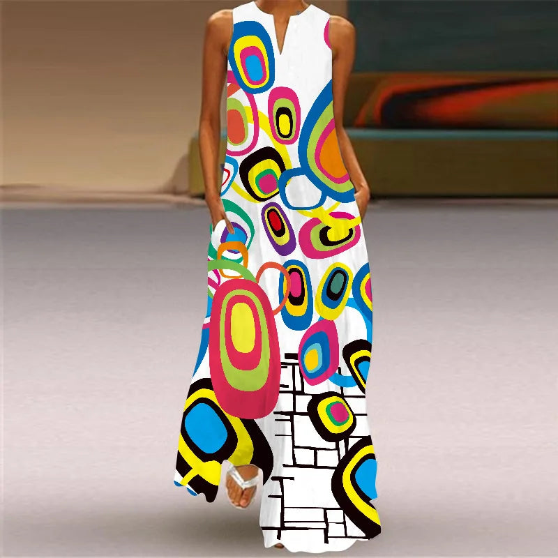 Sleeveless Retro Print Long Dress With Pockets