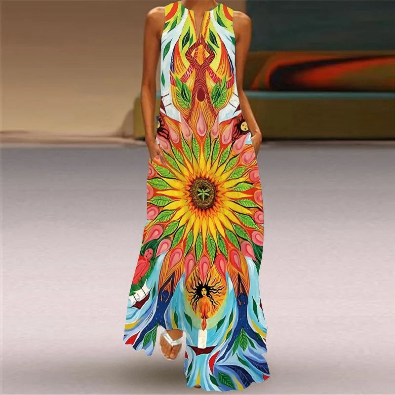 Sleeveless Retro Print Long Dress With Pockets
