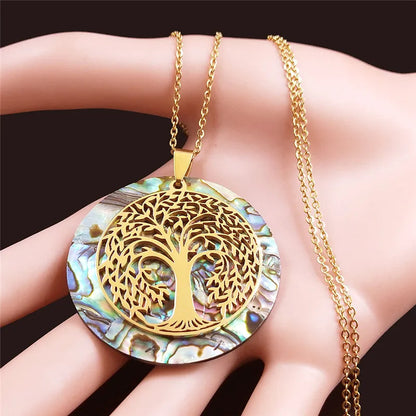 Tree of Life Stainless Steel Abalone Shell Natural Necklace Chain