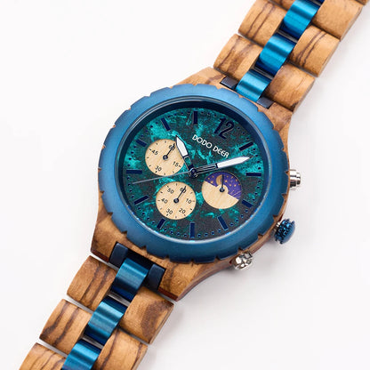 Eco-friendly Casual Wooden and Blue Stainless Steel Quartz Watch with Moon Phase