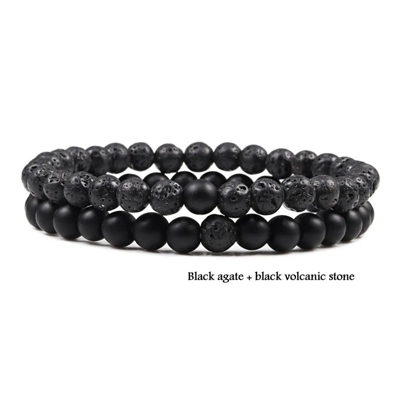 2-Piece Matte Black & Synthetic Blue Malachite Couple Bracelets