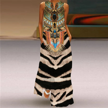 Sleeveless Retro Print Long Dress With Pockets