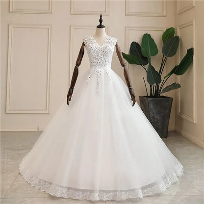 Elegant V-Neck Lace & Crystal Embroidered Ball Gown Wedding Dress