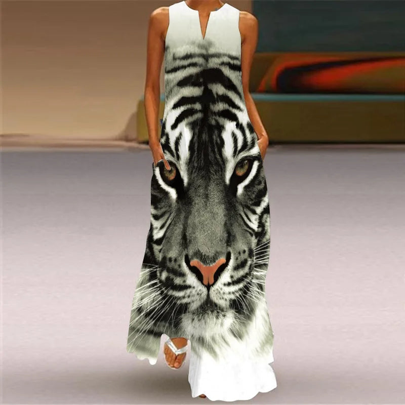 Sleeveless Retro Print Long Dress With Pockets
