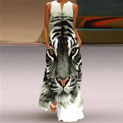 Sleeveless Retro Print Long Dress With Pockets