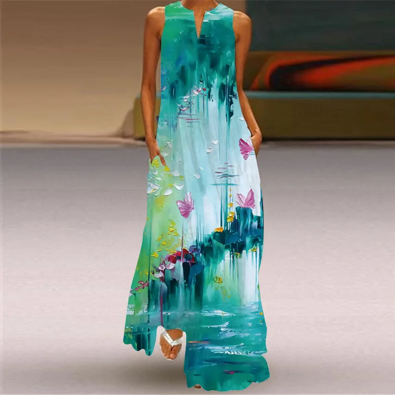 Sleeveless Retro Print Long Dress With Pockets