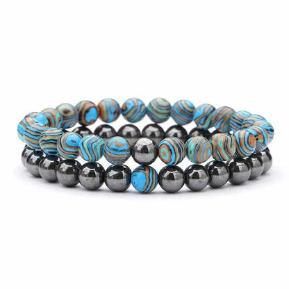 2-Piece Matte Black & Synthetic Blue Malachite Couple Bracelets