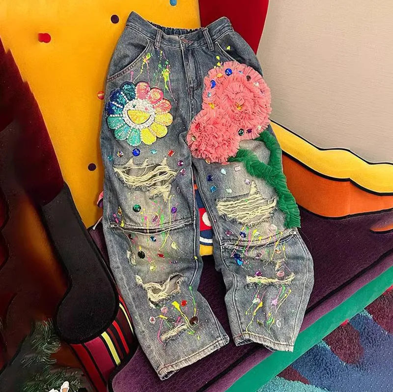 Boutique Fashionable High Waisted Loose Straight Leg Jeans
