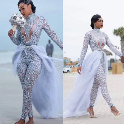Elegant A-Line High-Neck Lace & Sequined Wedding Outfit with Detachable Train
