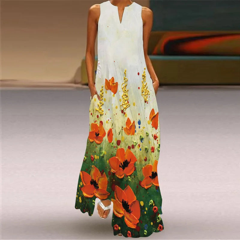 Sleeveless Retro Print Long Dress With Pockets