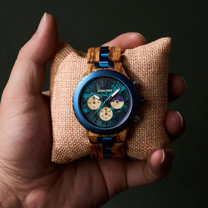 Eco-friendly Casual Wooden and Blue Stainless Steel Quartz Watch with Moon Phase
