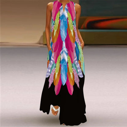 Sleeveless Retro Print Long Dress With Pockets