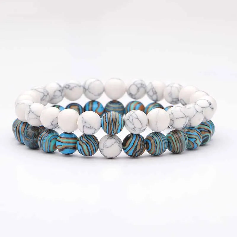 2-Piece Matte Black & Synthetic Blue Malachite Couple Bracelets
