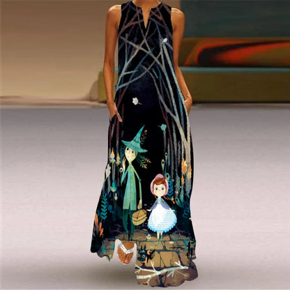 Sleeveless Retro Print Long Dress With Pockets
