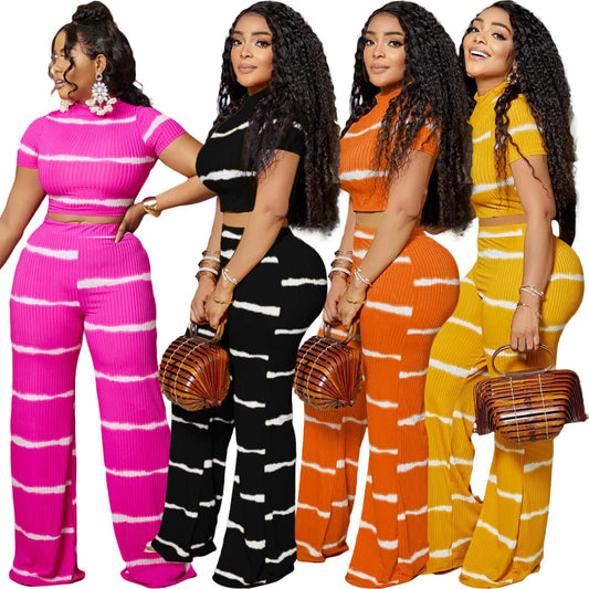 2Pce Striped Print Rib Knit Wide Leg Set