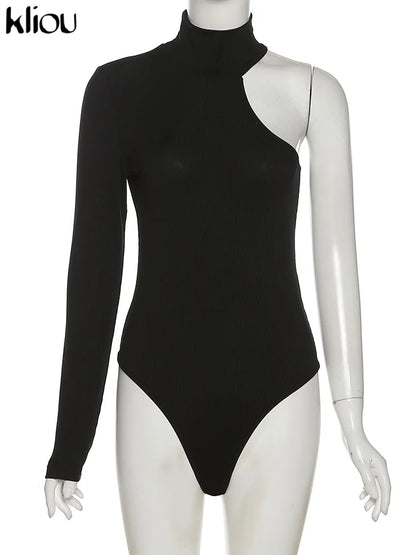 Kliou Women's Solid Knitted One-Shoulder Turtleneck Bodysuit