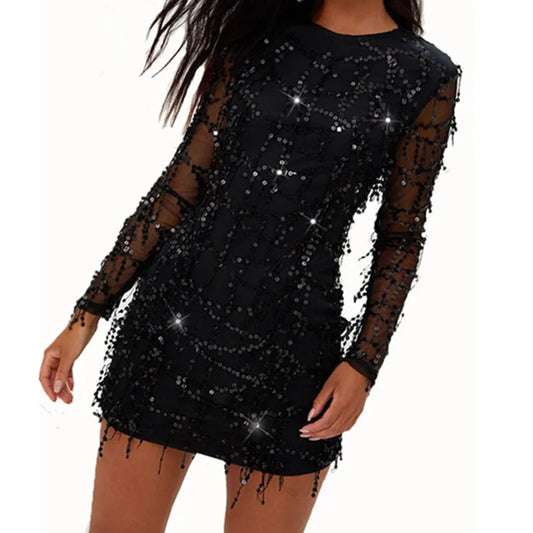 Black Sequined Sheer Long Sleeve Dress