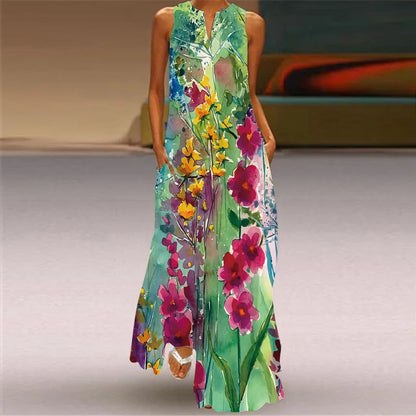 Sleeveless Retro Print Long Dress With Pockets