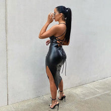 Black Faux Leather High Slit Dress