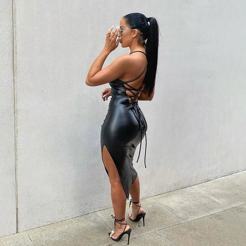 Black Faux Leather High Slit Dress