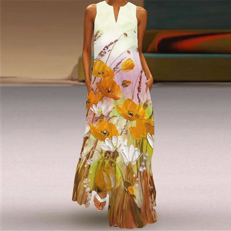 Sleeveless Retro Print Long Dress With Pockets