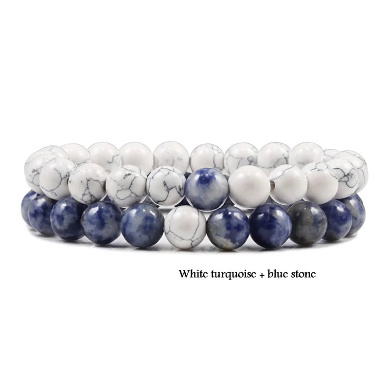 2-Piece Matte Black & Synthetic Blue Malachite Couple Bracelets
