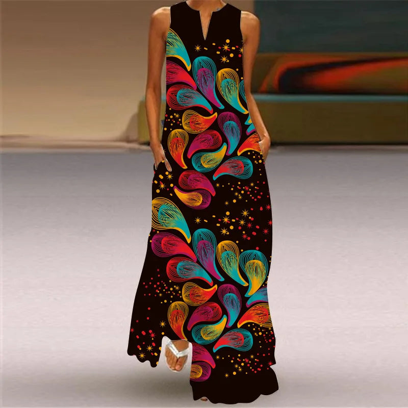 Sleeveless Retro Print Long Dress With Pockets