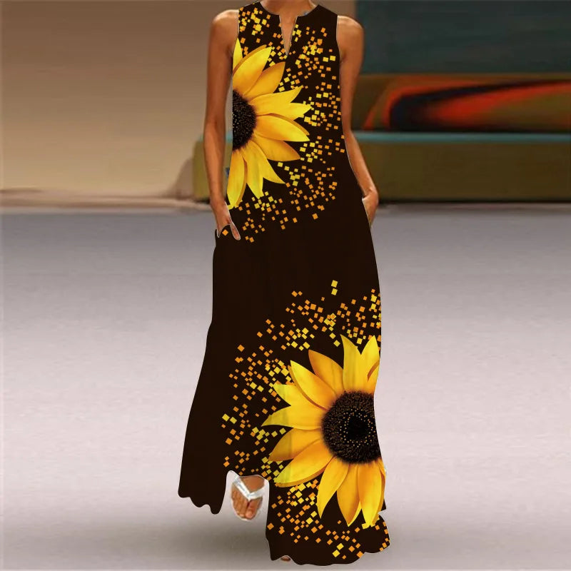 Sleeveless Retro Print Long Dress With Pockets