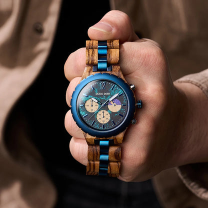 Eco-friendly Casual Wooden and Blue Stainless Steel Quartz Watch with Moon Phase