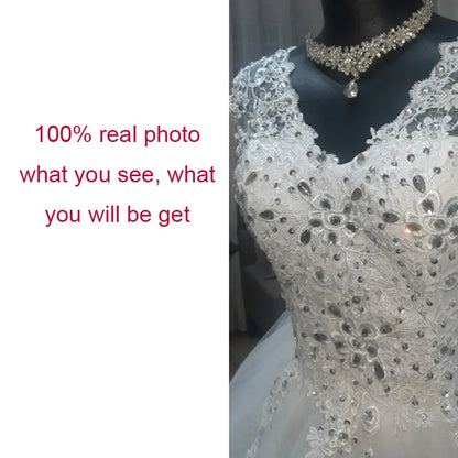 Elegant V-Neck Lace & Crystal Embroidered Ball Gown Wedding Dress