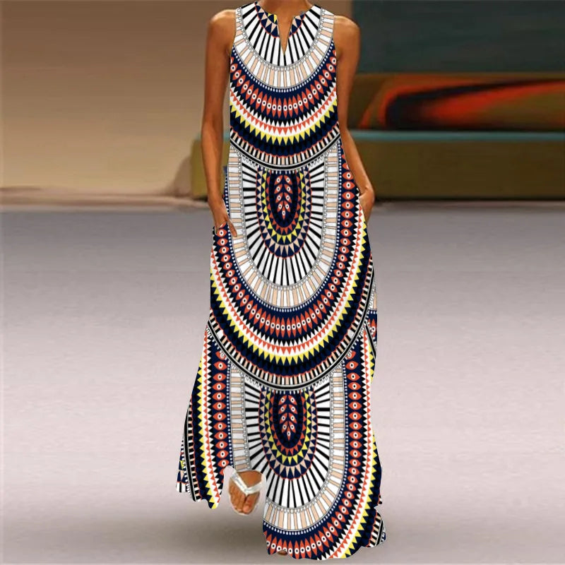 Sleeveless Retro Print Long Dress With Pockets