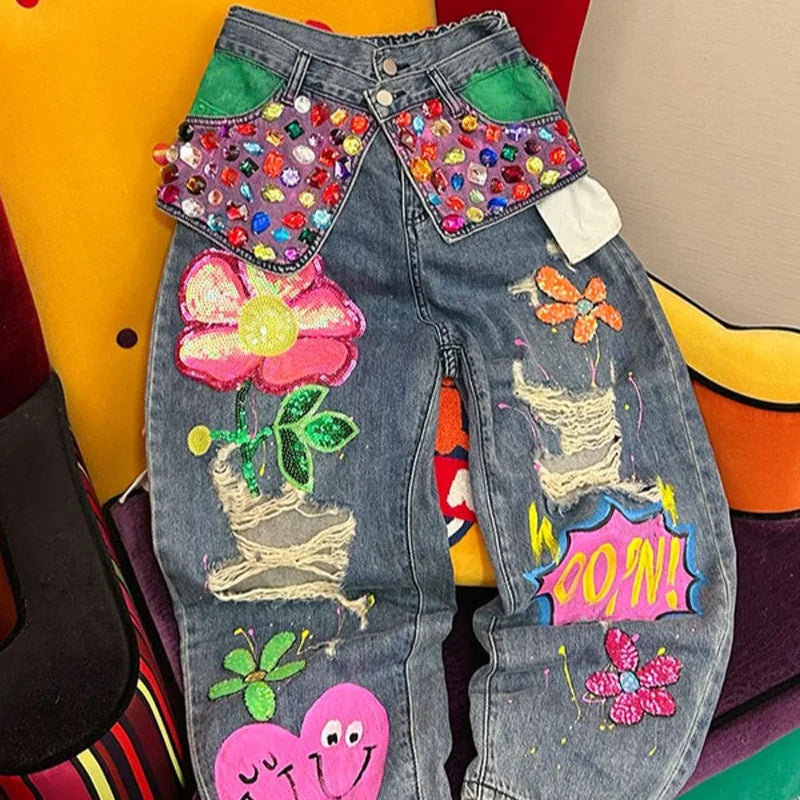 Boutique Fashionable High Waisted Loose Straight Leg Jeans