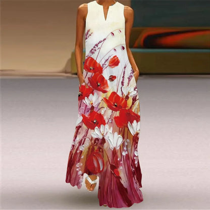 Sleeveless Retro Print Long Dress With Pockets