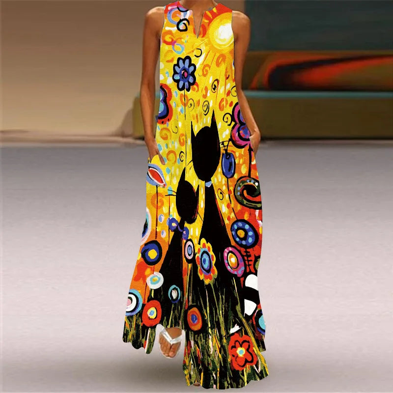 Sleeveless Retro Print Long Dress With Pockets