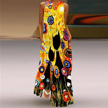 Sleeveless Retro Print Long Dress With Pockets