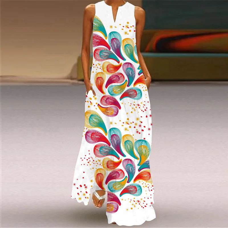 Sleeveless Retro Print Long Dress With Pockets