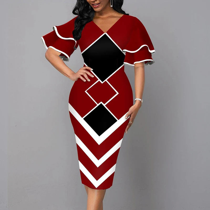 Elegant V Neck Short Sleeve Slim Fit Dress