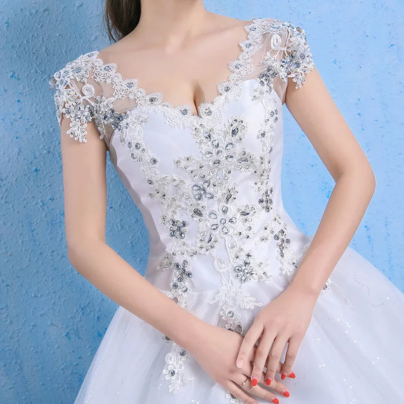 Elegant V-Neck Lace & Crystal Embroidered Ball Gown Wedding Dress