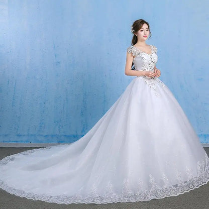 Elegant V-Neck Lace & Crystal Embroidered Ball Gown Wedding Dress