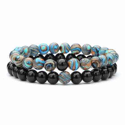 2-Piece Matte Black & Synthetic Blue Malachite Couple Bracelets