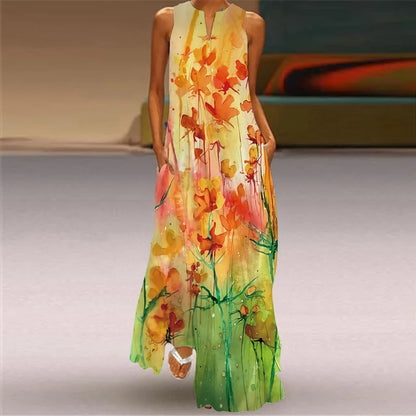 Sleeveless Retro Print Long Dress With Pockets