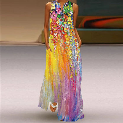 Sleeveless Retro Print Long Dress With Pockets