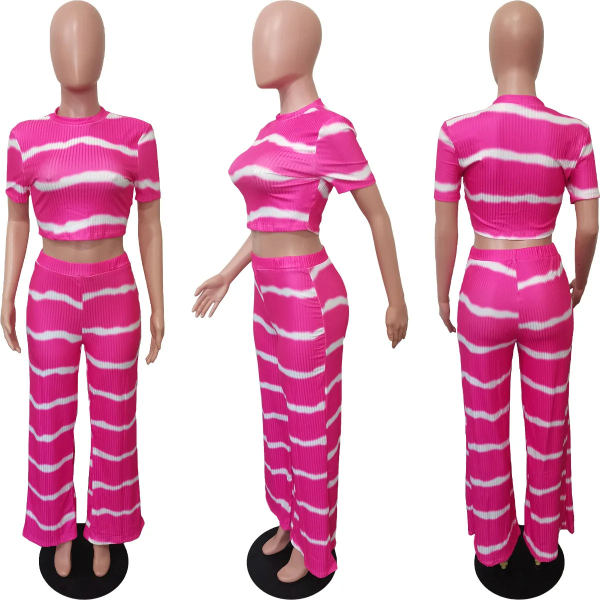 2Pce Striped Print Rib Knit Wide Leg Set