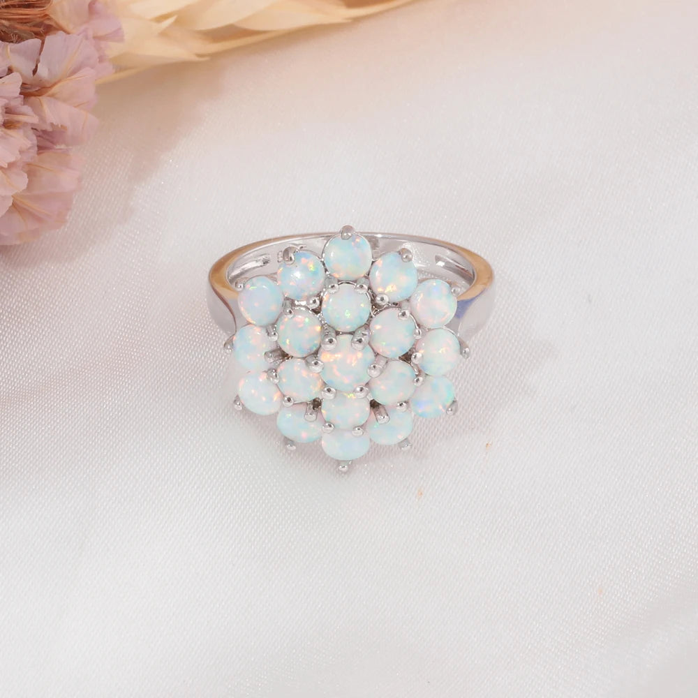 CiNily White Round Fire Opal Rings 925 Sterling Silver