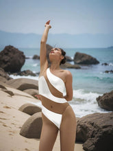 Oblique Shoulder See-through Plain Patchwork One-Piece Swimsuit