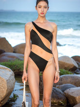 Oblique Shoulder See-through Plain Patchwork One-Piece Swimsuit